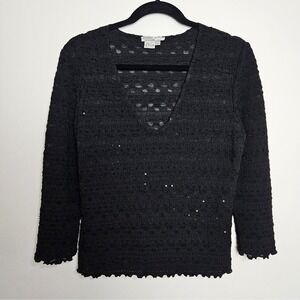 Alberto Makali Blouse Size L Sequin Semi Sheer Black Top V-Neck Whimsy Goth
